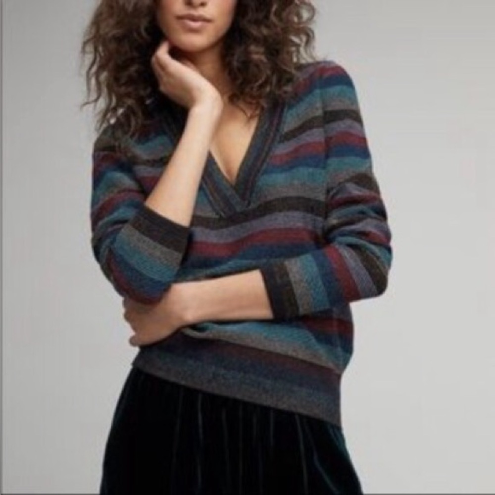 Moth Anthropologie Mulah Lurex Stripe Colorful V Neck Sweater Tinfoil Shimmer